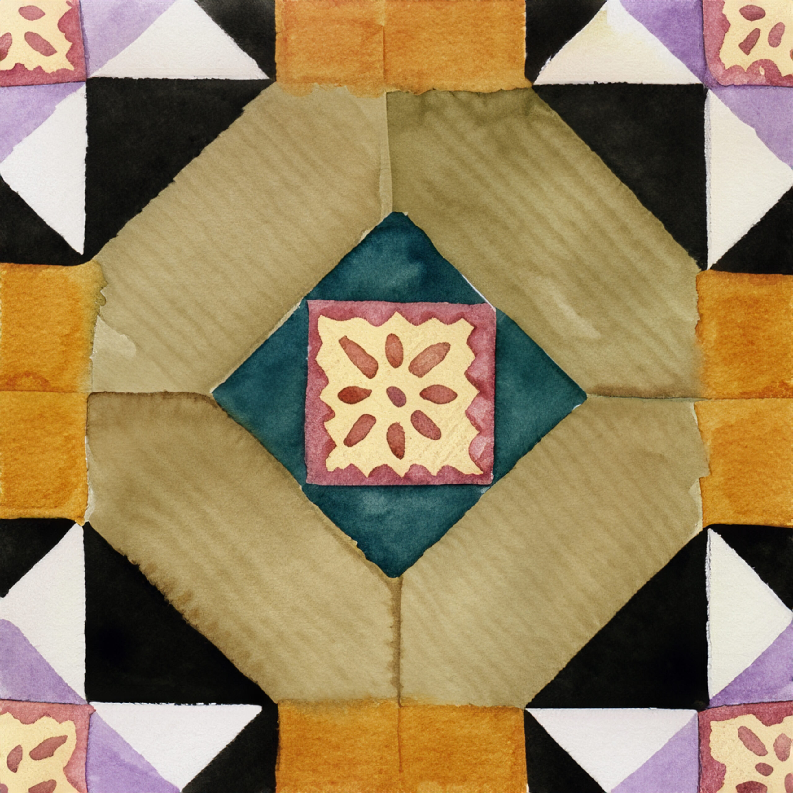 Watercolor illustration of portuguese ceramic tiles pattern. Single square tile.